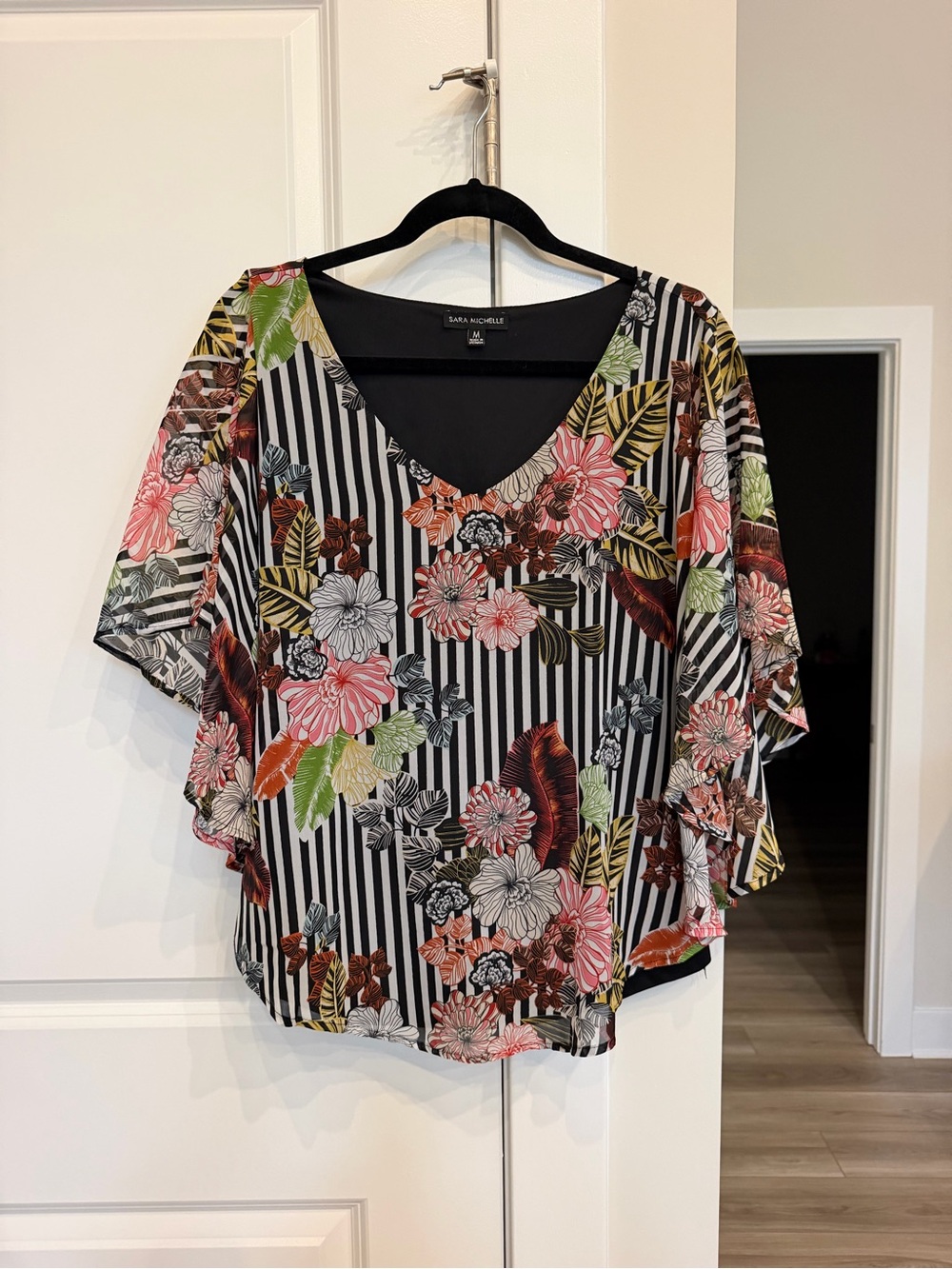 Sara Michelle Floral Stripe V Neck Lined Blouse Bell Sleeve Size M
